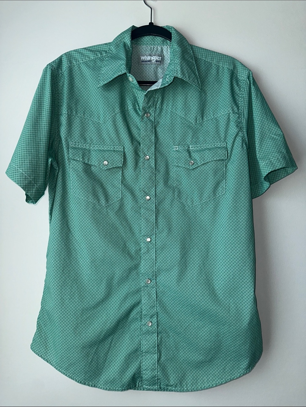 Wrangler Green Diamond Short Sleeve Pearl Snap Button Up Shirt Size Medium